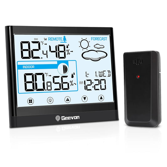 Geevon Weather Station Indoor Outdoor Thermometer Digital Wireless, Outdoor Thermometer with Backlight LCD Display & Alarm Clock for Home Office