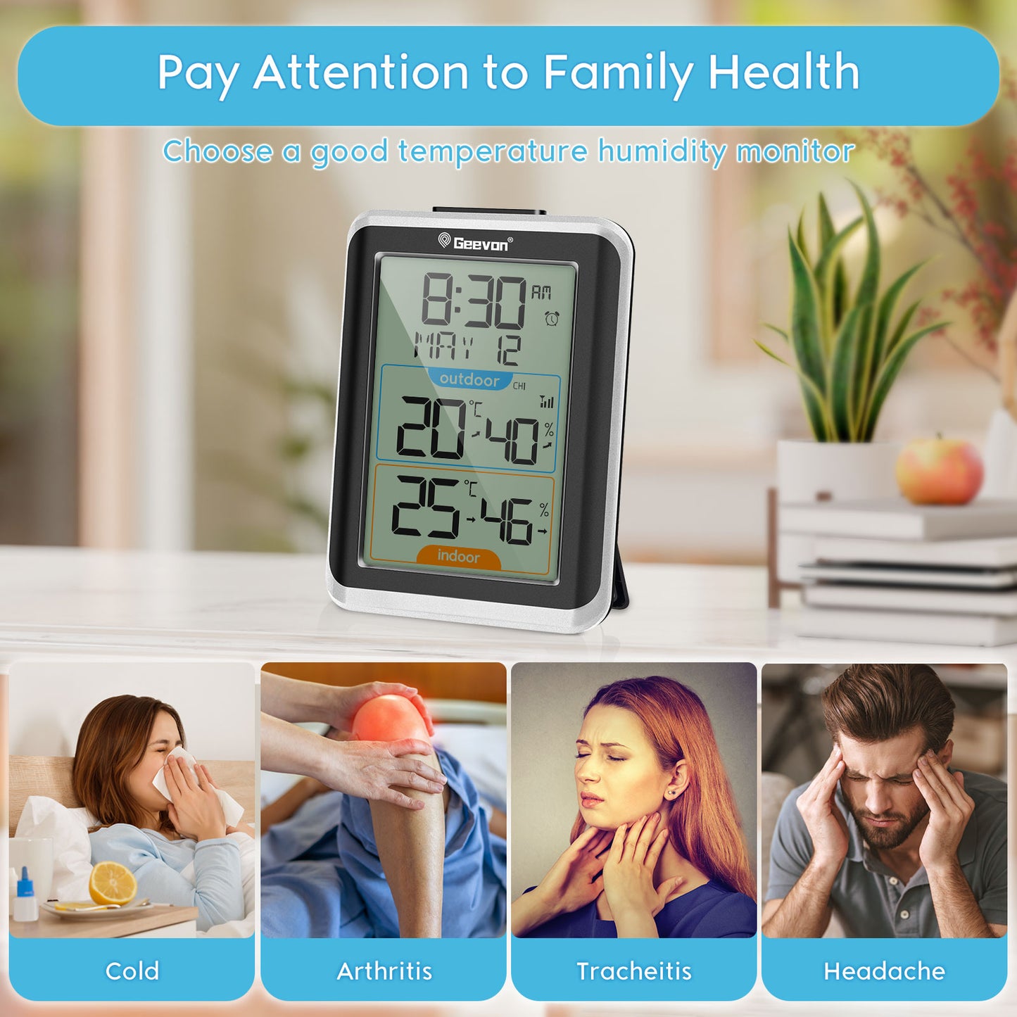 Geevon Indoor Outdoor Thermometer Wireless with 3 Remote Sensors, Wireless Thermohygrometer with Time, 10 Seconds Backlight, 200ft/60M Range Digital Temperature Humidity Meter