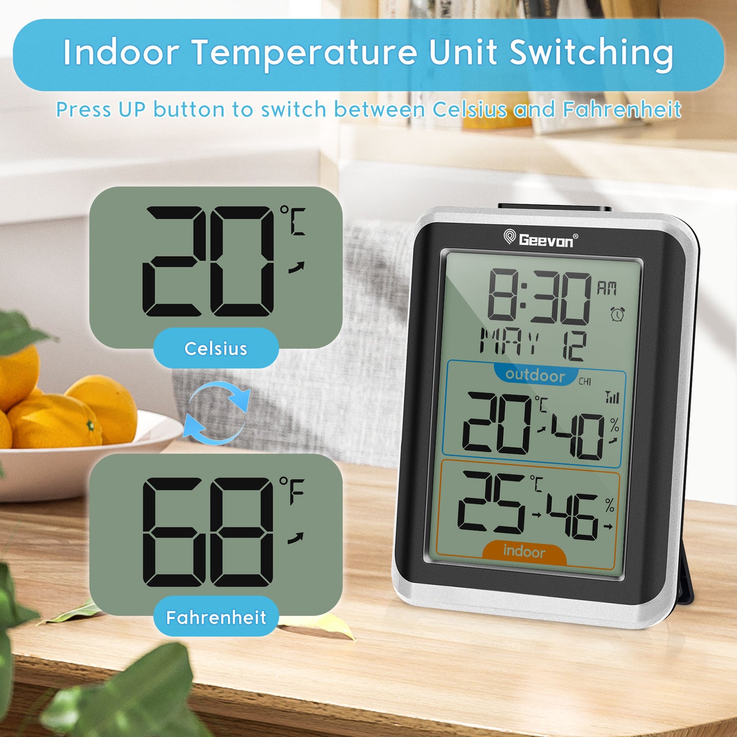 Geevon Indoor Outdoor Thermometer Wireless with 3 Remote Sensors, Wireless Thermohygrometer with Time, 10 Seconds Backlight, 200ft/60M Range Digital Temperature Humidity Meter