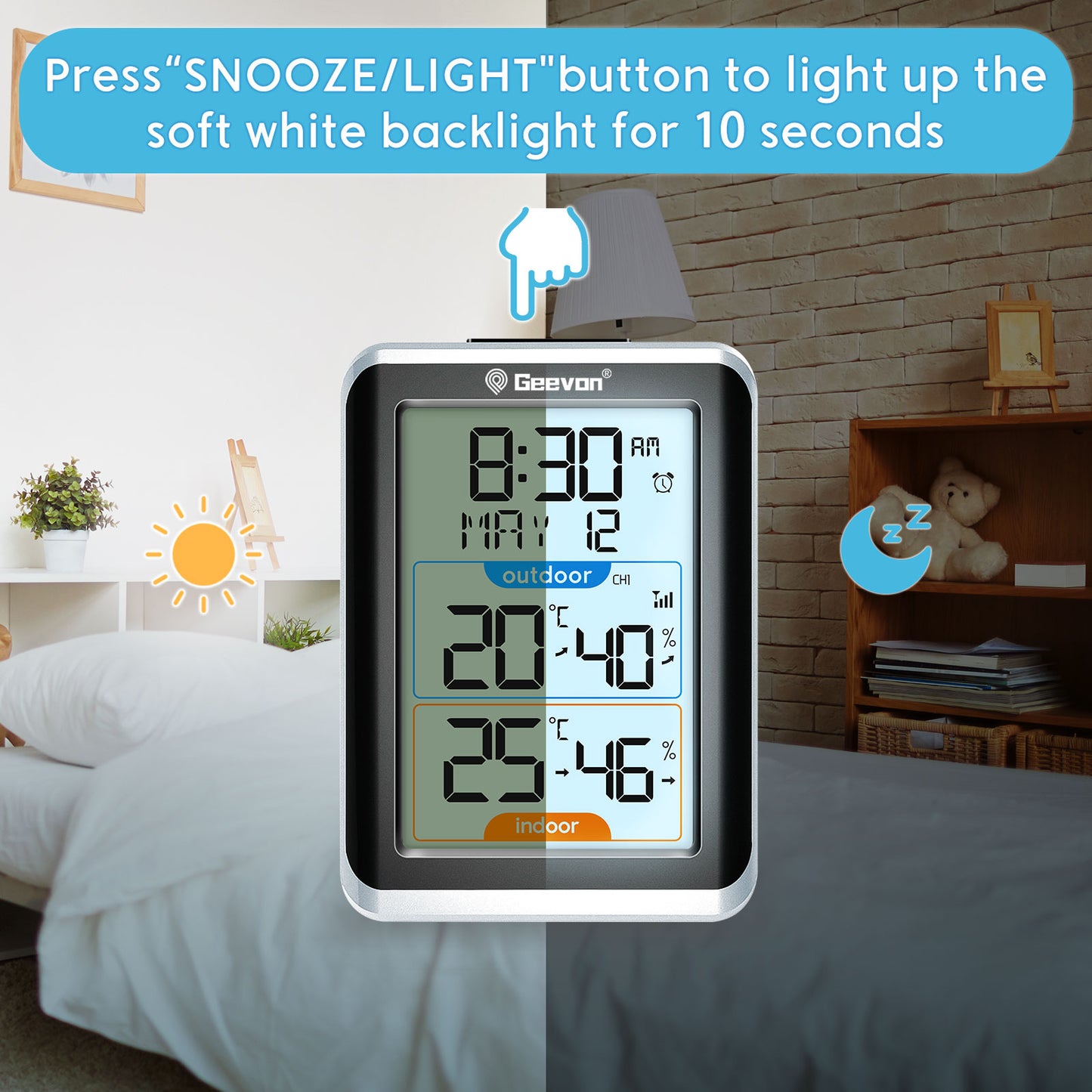 Geevon Indoor Outdoor Thermometer Wireless with 3 Remote Sensors, Wireless Thermohygrometer with Time, 10 Seconds Backlight, 200ft/60M Range Digital Temperature Humidity Meter