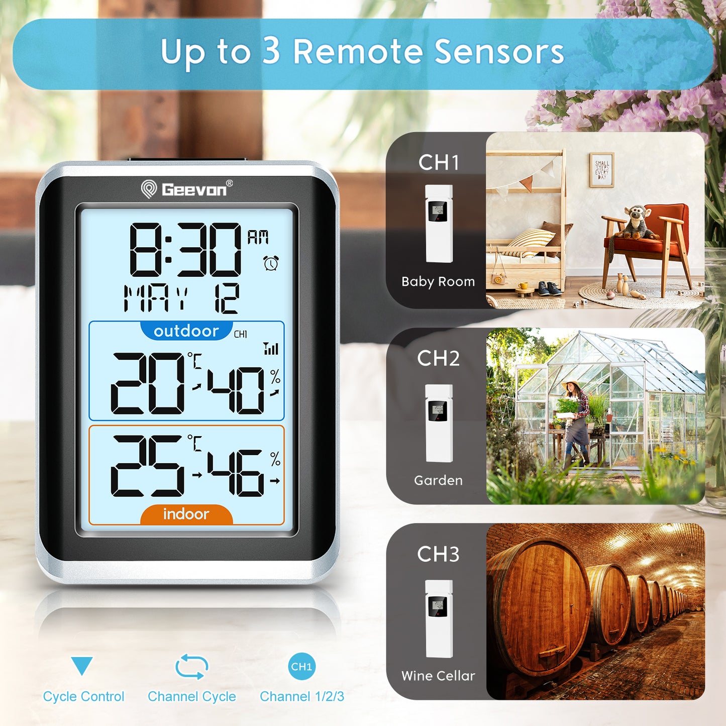 Geevon Indoor Outdoor Thermometer Wireless with 3 Remote Sensors, Wireless Thermohygrometer with Time, 10 Seconds Backlight, 200ft/60M Range Digital Temperature Humidity Meter