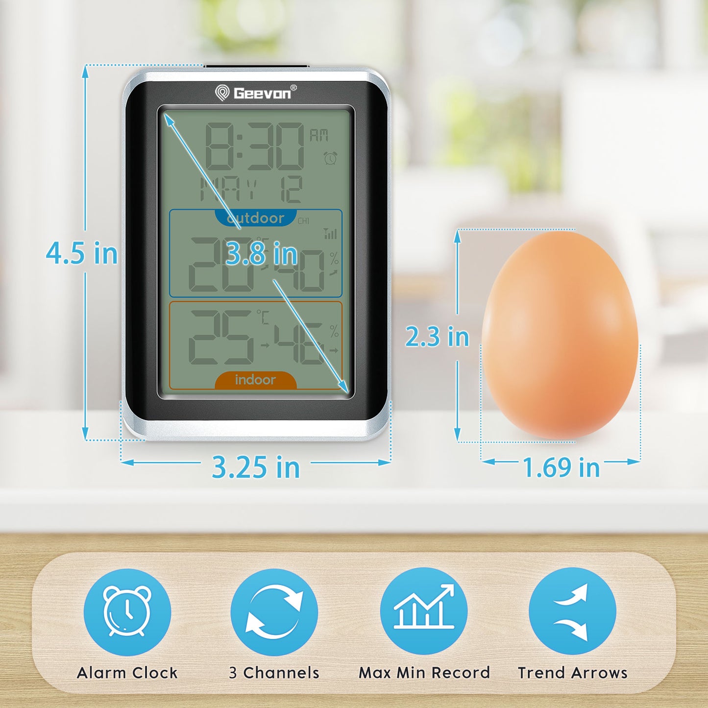Geevon Indoor Outdoor Thermometer Wireless with 3 Remote Sensors, Wireless Thermohygrometer with Time, 10 Seconds Backlight, 200ft/60M Range Digital Temperature Humidity Meter