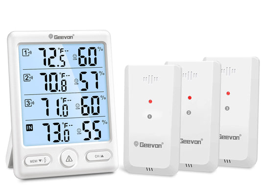 Geevon Indoor Outdoor Thermometer Wireless, 5-Inch Display with 3 Remote Sensors Wireless Thermohygrometer, Digital Temperature Humidity Meter with 200FT/60M Range(White Backlight)