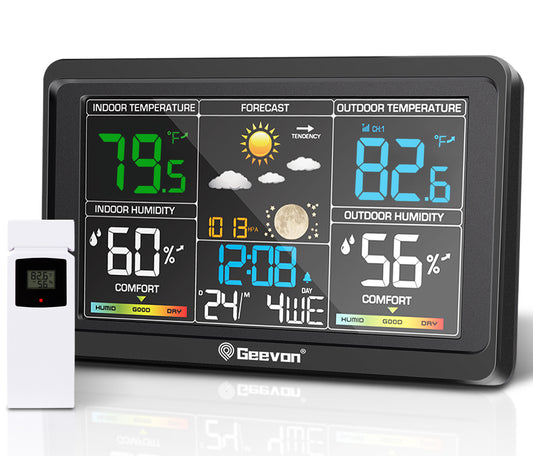Geevon Weather Station Wireless Indoor Outdoor Thermometer, Color Display Digital Weather Thermometer with Atomic Clock, Barometric Pressure, Calendar, USB Charge, and Backlight