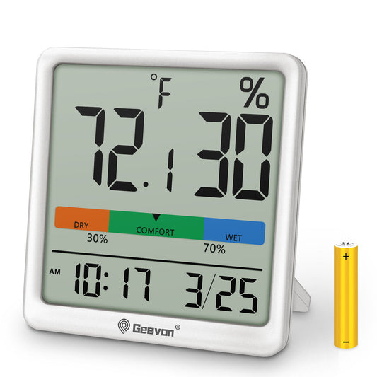 Geevon Digital Indoor Thermometer Hygrometer, Wireless Temperature Humidity Meter with Comfort Index, 1*AAA Battery, Calendar, Small Room Temperature Monitor for Home, Greenhouse, Bedroom(White)