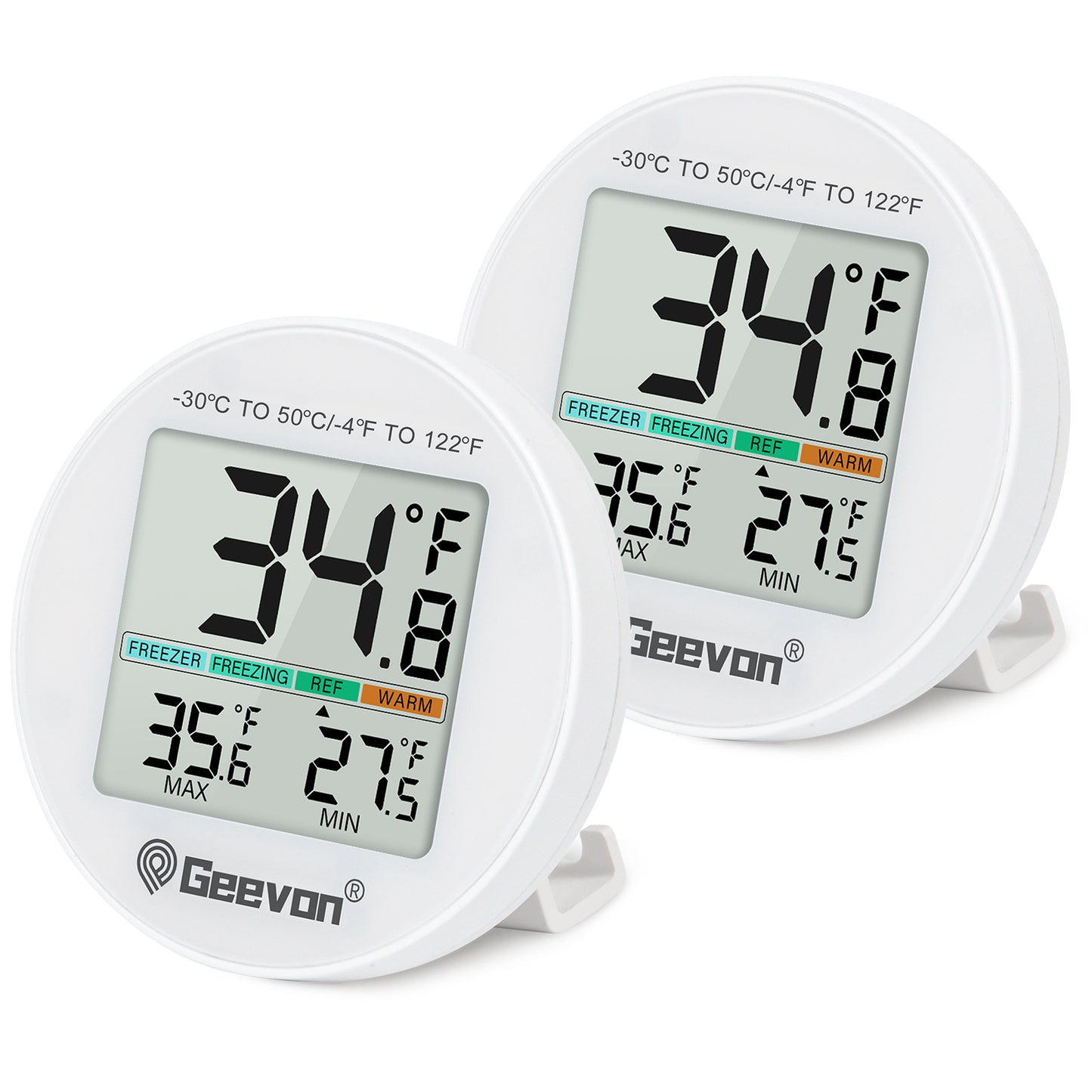 Geevon Small Digital Refrigerator Thermometer 2 Pack, IP65 Waterproof Max/Min Record Function with LCD Screen, Stand and Magnetic Back, for Fridge, Freezer Scenarios(Battery Included)