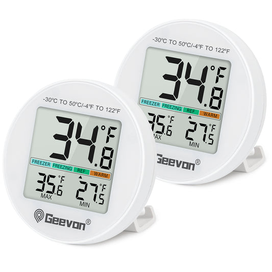 Geevon Small Digital Refrigerator Thermometer 2 Pack, IP65 Waterproof Max/Min Record Function with LCD Screen, Stand and Magnetic Back, for Fridge, Freezer Scenarios(Battery Included)