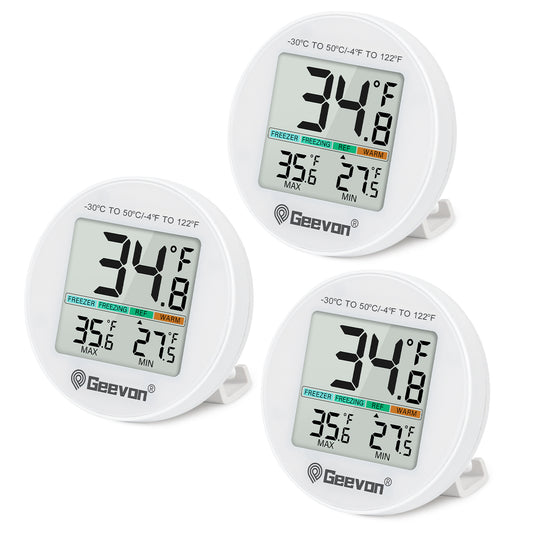 Geevon Small Digital Refrigerator Thermometer 3 Pack, IP65 Waterproof Max/Min Record Function with LCD Screen, Stand and Magnetic Back, for Fridge, Freezer Scenarios(Battery Included)