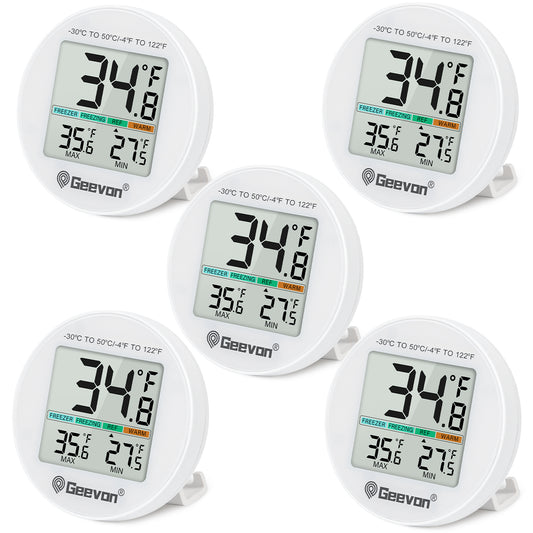 Geevon Small Digital Refrigerator Thermometer 5 Pack, IP65 Waterproof Max/Min Record Function with LCD Screen, Stand and Magnetic Back, for Fridge, Freezer Scenarios(Battery Included)