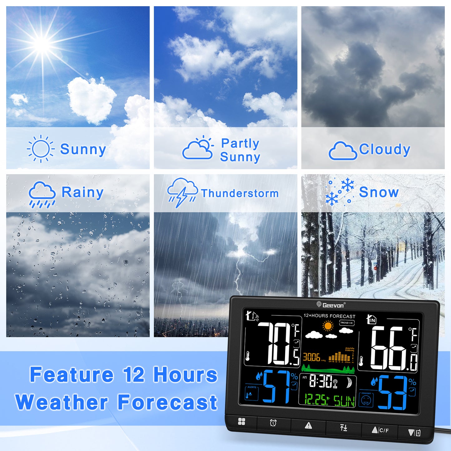 Geevon Weather Station Wireless Indoor Outdoor Thermometer with Atomic Clock, VA Color Display Digital Temperature Humidity Monitor with Barometer, Comfort Indicator, and Adjustable Backlight
