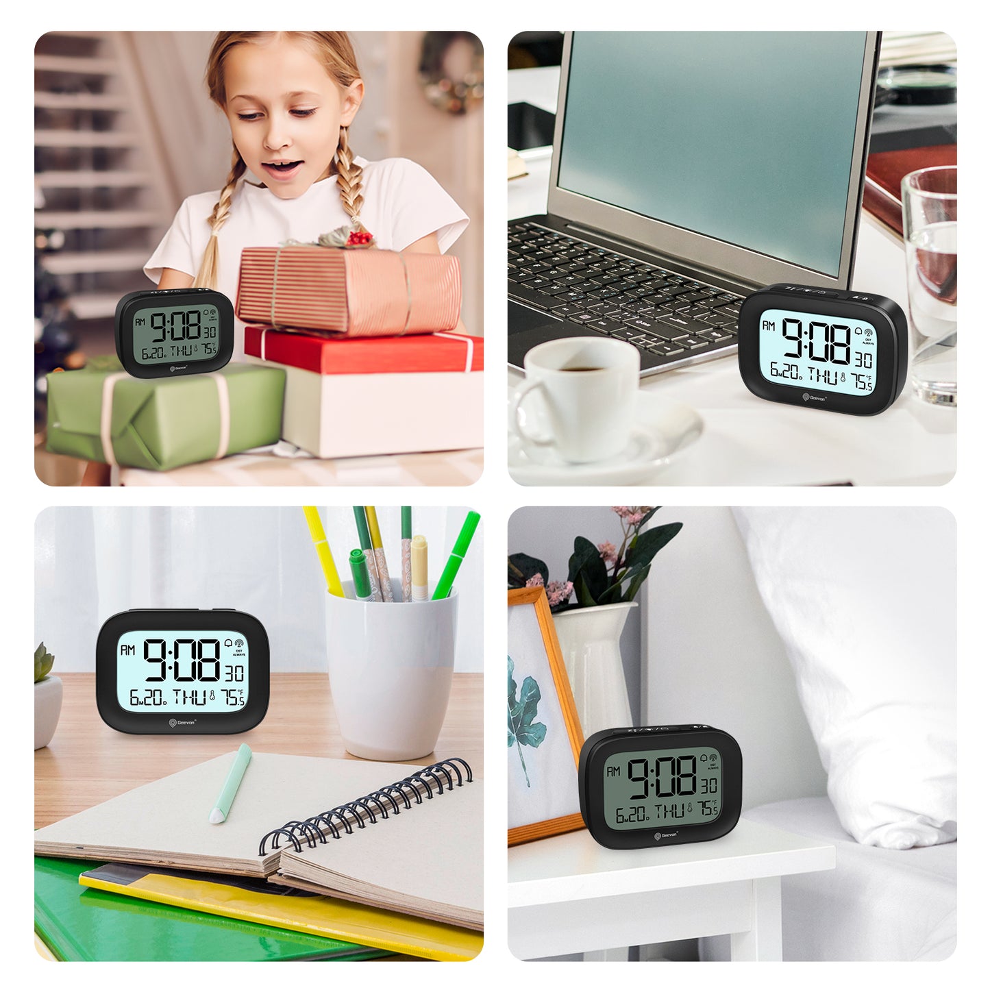 Geevon Small Digital Atomic Alarm Clock for Bedroom Heavy Sleepers, Mini Travel Alarm Clock with 10s Backlight, 12/24H, Temp, Suitable for Kids Teens Adult Boy Girl(Black)