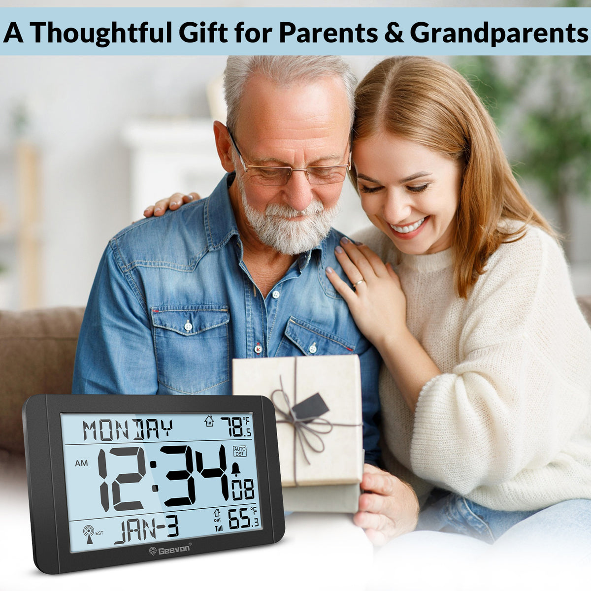 Geevon 10.8'' Atomic Clock with Indoor Outdoor Temperature, Large Display Digital Wall Clock with Wireless Sensor, for Bedroom, Office, Kitchen, Living Room, Easy for Seniors to Read