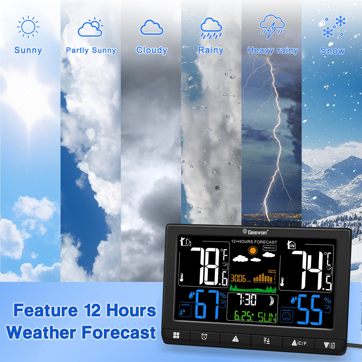 Geevon Weather Station Wireless Indoor Outdoor Thermometer with Atomic Clock, VA Color Display Digital Temperature Humidity Monitor with Barometer, Comfort Indicator, and Adjustable Backlight