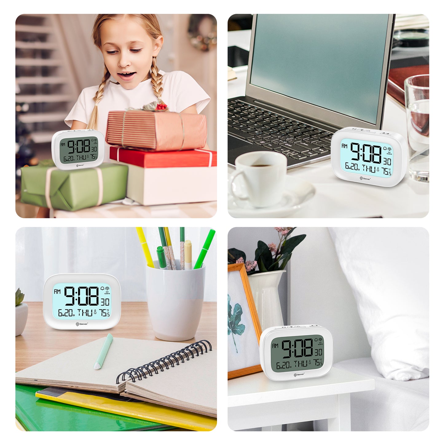 Geevon Small Digital Atomic Alarm Clock for Bedroom Heavy Sleepers, Mini Travel Alarm Clock with 10s Backlight, 12/24H, Temp, Suitable for Kids Teens Adult Boy Girl(White)