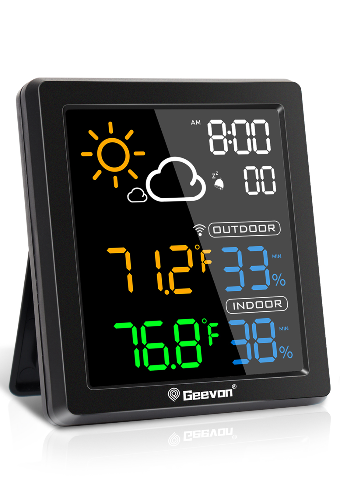 Geevon Indoor Outdoor Thermometer Digital Wireless, Color Display Digital Thermohygrometer Temperature Humidity Monitor with Alarm Clock and Backlight