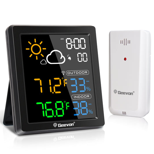 Geevon Indoor Outdoor Thermometer Digital Wireless, Color Display Digital Thermohygrometer Temperature Humidity Monitor with Alarm Clock and Backlight