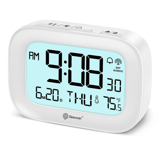 Geevon Small Digital Atomic Alarm Clock for Bedroom Heavy Sleepers, Mini Travel Alarm Clock with 10s Backlight, 12/24H, Temp, Suitable for Kids Teens Adult Boy Girl(White)