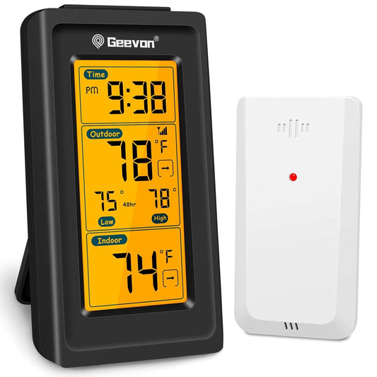 Geevon Indoor Outdoor Thermometer Wireless, Gauge with Time, High and Lows Range Outdoor Temperature Sensor(Black)