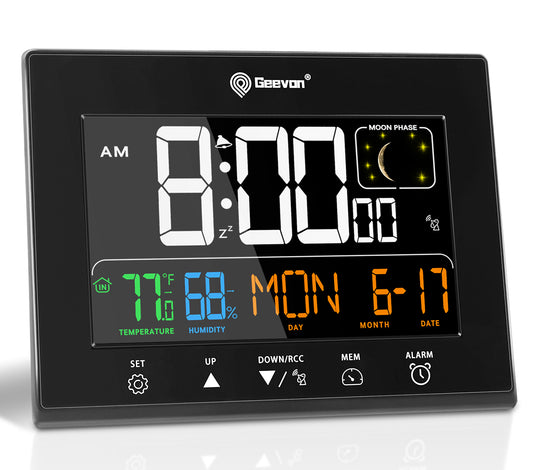 Geevon Digital Atomic Alarm Clocks for Bedrooms with Battery Backup, HD Color Display Atomic Lock with Backlight, 2 USB Ports, Indoor Temperature and Humidity, Moon Phases, Time
