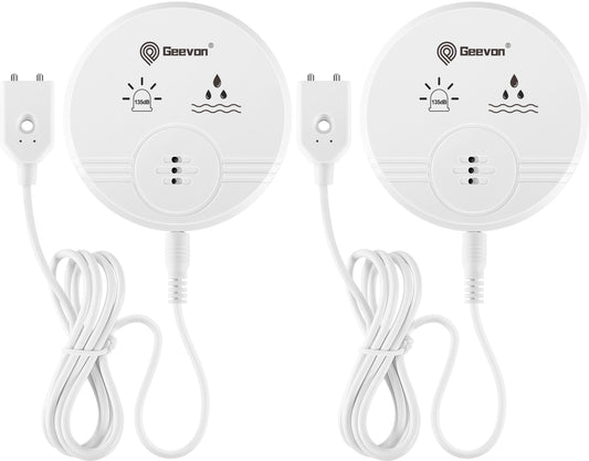 Geevon 2 Pack Water Leak Detectors for Home, 135dB Water Leak Sensor Flood Detection Water Alarms for Basements, Bathrooms, Kitchens, Garages, and Attics, Battery-Operated (Battery Included)