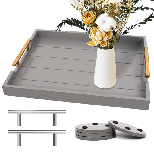 Sxnows Coffee Table Trays - Large Ottoman Tray for Living Room -Wood Serving Tray with 2 Sets of Handles - Wooden Tray for Coffee Table, 4 Round Coasters Included(Gray)