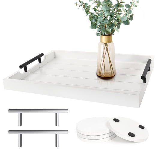 Sxnows Coffee Table Trays - Large Ottoman Tray for Living Room -Wood Serving Tray with 2 Sets of Handles - Wooden Tray for Coffee Table, 4 Round Coasters Included(White)