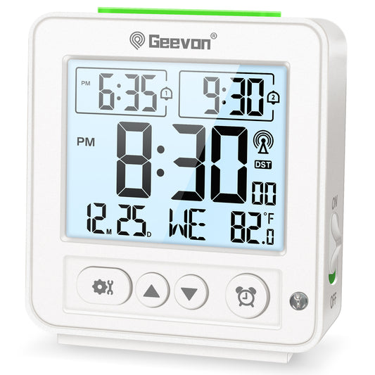 Geevon Small Digital Atomic Alarm Clock for Bedroom, Battery Operated Travel Alarm Clock with Auto/8s Backlight, 2 Alarm, Temperature, for Deep Sleepers Kids Elderly Home Office(White)