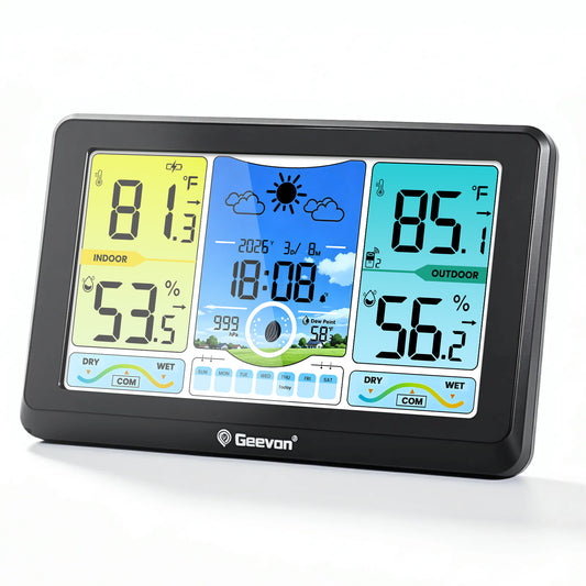 Geevon 7. 5-inch Large Screen Weather Station Wireless Indoor/Outdoor Thermometer Hygrometer with Dew Point, Heat Index, VA Display, Digital Weather Temperature Thermometer
