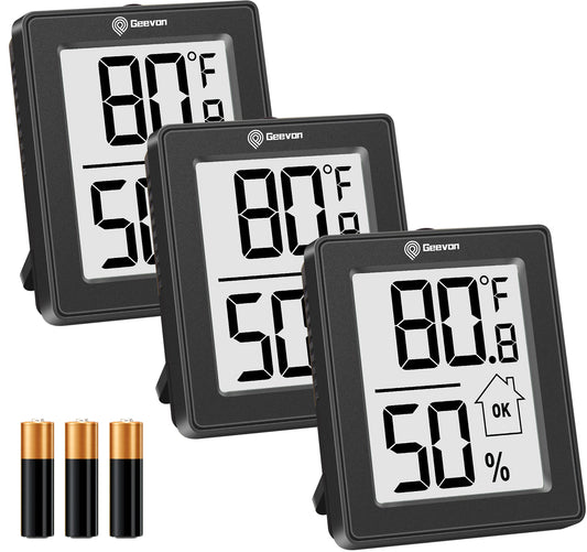 Geevon Digital Hygrometer, 3 Pack Indoor Thermometer Indoor Thermohygrometer with Battery, Digital Temperature Humidity Meter Indicator for Home, Office, Greenhouse, Mini Hygrometer(Black)