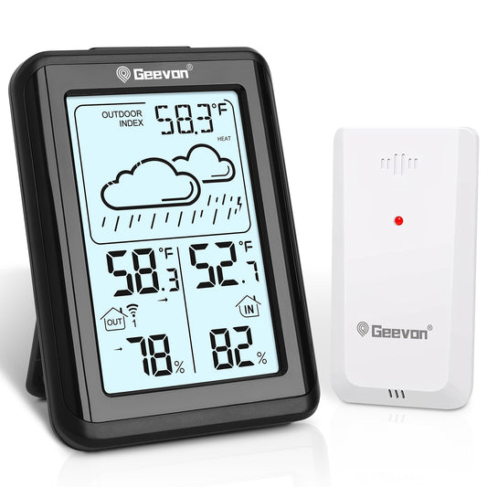 Geevon Indoor Outdoor Thermometer Wireless, Digital Temperature Humidity Monitor with Large Display, Thermohygrometer with Weather, 3 Channel, Mold/Dew/Heat, 10s Backlight, 200FT/60M Range