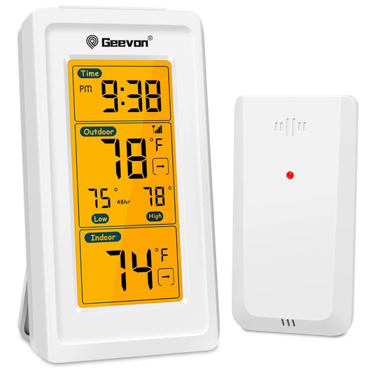 Geevon Indoor Outdoor Thermometer Wireless, Gauge with Time, High and Lows Range Outdoor Temperature Sensor(White)