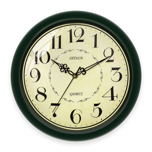 Geevon 12 IN Retro Wall Clock No Ticking Sound, Wall Clock with Quartz Accents and Vintage Patterns, Battery Operated for Kitchen, Bedroom, Office, Classroom, Living Room Decor (Dark Green)