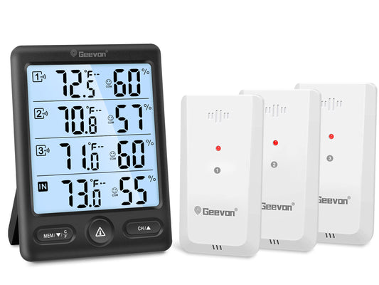 Geevon Indoor Outdoor Thermometer Wireless, 5-Inch Display with 3 Remote Sensors Wireless Thermohygrometer, Digital Temperature Humidity Meter with 200FT/60M Range(Black Backlight)