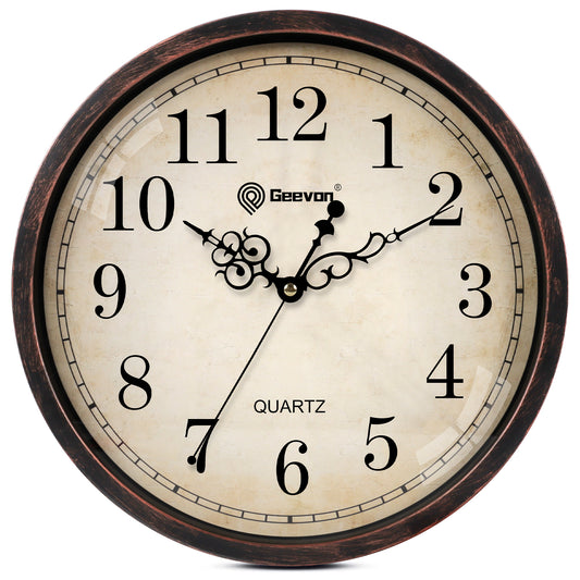 Geevon Vintage Wall Clock, Silent 12" Non Ticking Retro Round Clock Quartz Decorative Battery Operated Wall Clock for Kitchen, Office, Classroom, Bedroom, Living Room Decor