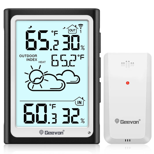 Geevon Large Display Digital Indoor Outdoor Thermometer Hygrometer, Wireless Indoor Outdoor Thermohygrometers, Wireless Weather Station with 200ft/60m Range Sensors, Black