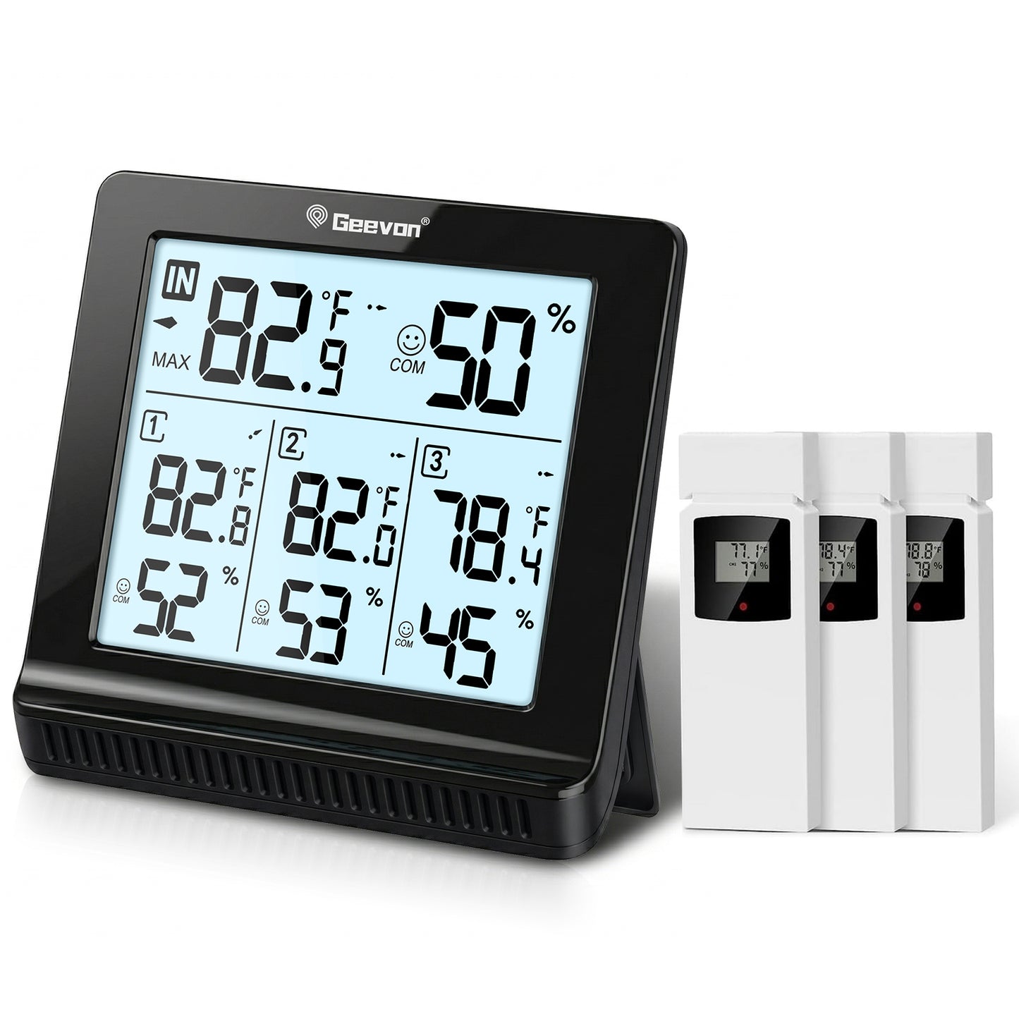 Geevon Indoor Outdoor Thermometer Wireless with 3 Remote Sensors, Wireless Thermohygrometer, Digital Temperature Humidity Meter with Backlight, 200FT/60M Transmission(Black)