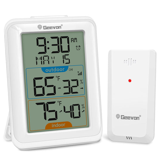 Geevon Indoor Outdoor Thermometer Digital Wireless, Digital Thermohygrometer with Time, 200ft/60m Range Outdoor Thermometer(White)