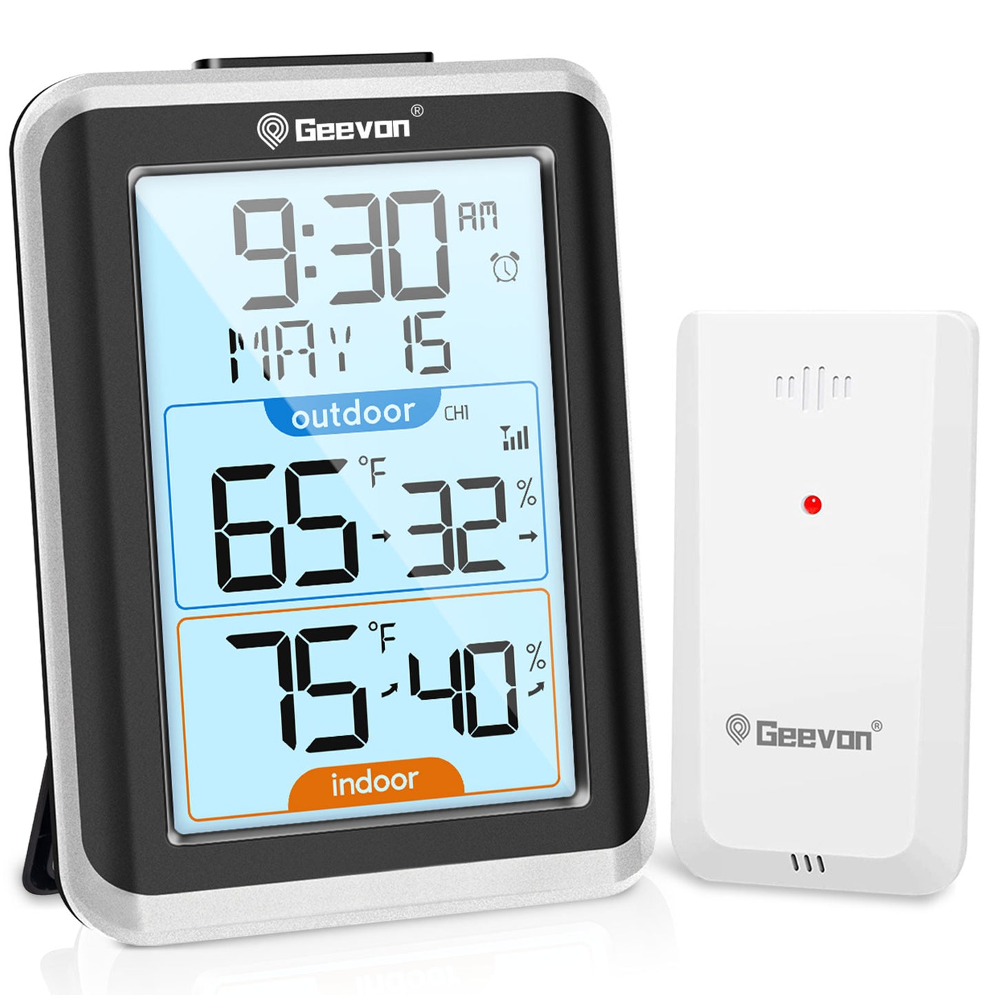 GEEVON Indoor Outdoor Thermometer Wireless Digital Hygrometer Temperature Gauge with Time,200ft/60m Range Temperature Humidity Sensor