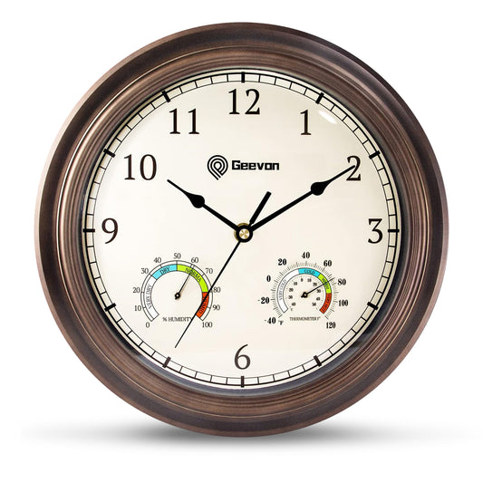 Geevon 12" Vintage Wall Clock Non Ticking with Hygrometer and Thermometer Combo, Battery Operated Quartz Decorative Wall Clocks for Home, Living Room, Office, Classroom, Kitchen, Bedroom Decor