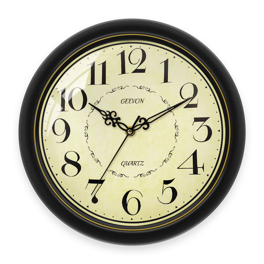 Geevon 12 IN Retro Wall Clock No Ticking Sound, Wall Clock with Quartz Accents and Vintage Patterns, Frame with Gold Border for Kitchen, Bedroom, Office, Classroom, Living Room Decor (Black)