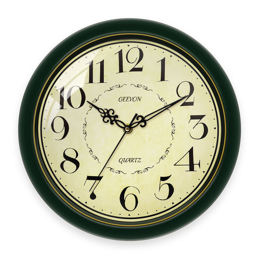 Geevon 12 IN Retro Wall Clock No Ticking Sound, Wall Clock with Quartz Accents and Vintage Patterns, Frame with Gold Border for Kitchen, Bedroom, Office, Classroom, Living Room Decor (Dark Green)