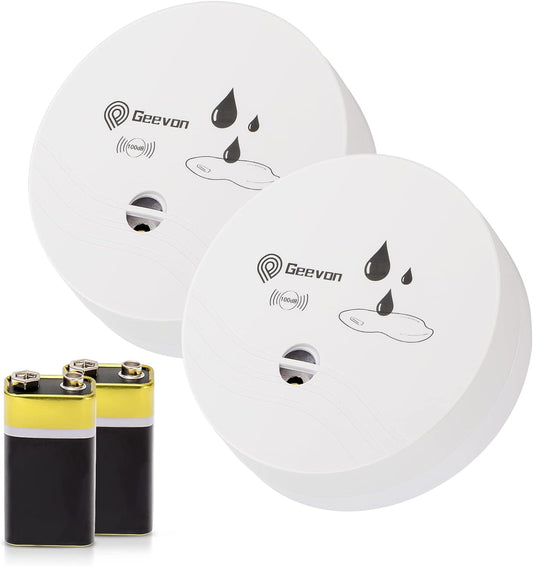 Geevon 2 Pack Water Leak Detectors for Home, 100dB Water Sensor Alarm Leak Detector for Basements, Bathrooms, Kitchens, Garages, Battery-Operated (Battery Included)