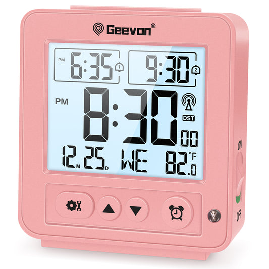 Geevon Small Digital Atomic Alarm Clock for Bedroom, Battery Operated Travel Alarm Clock with Auto/8s Backlight, 2 Alarm, Temperature, for Deep Sleepers Kids Elderly Home Office(Pink)