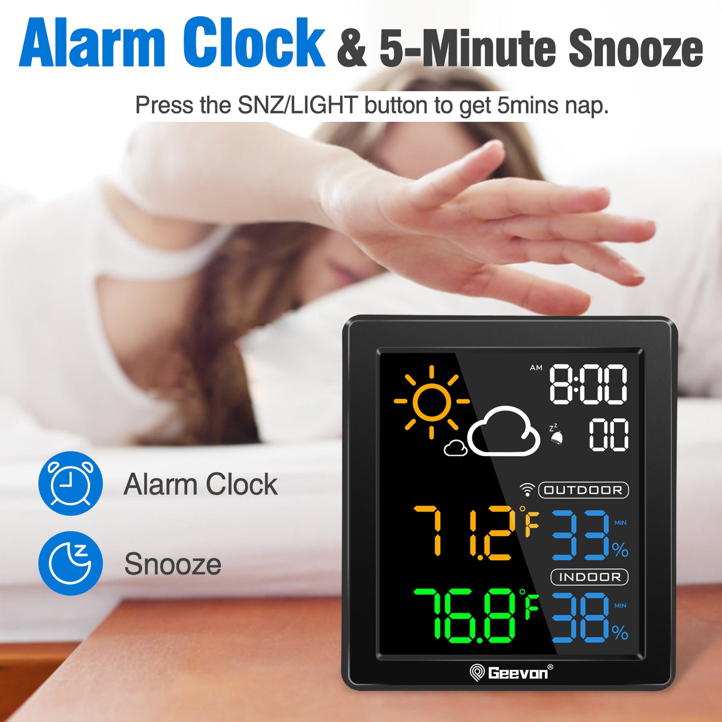 Geevon Indoor Outdoor Thermometer Digital Wireless, Color Display Digital Thermohygrometer Temperature Humidity Monitor with Alarm Clock and Backlight