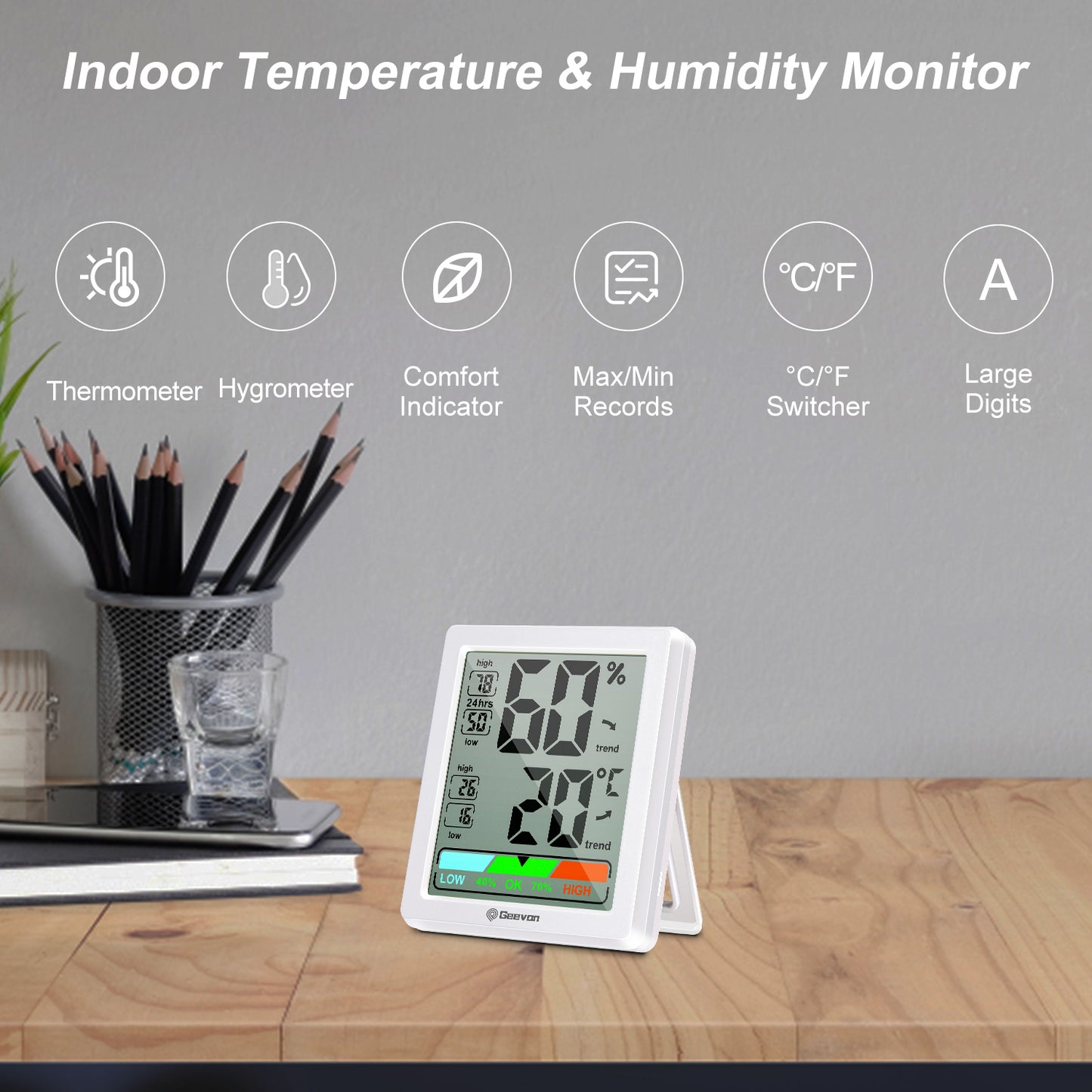 Geevon Digital Hygrometer Indoor Thermohygrometer, Room Thermometer Indoor with Accurate Sensor, Humidity Meter for Home Garage Greenhouse Baby Room (White)