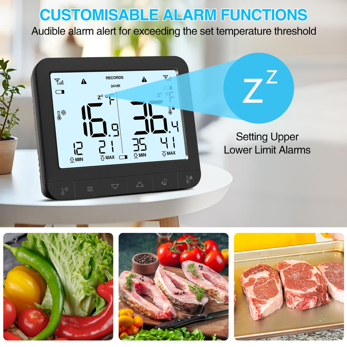Geevon Digital Refrigerator Thermometer with Alarm, Low Battery Warning Icon, Max/Min Temperature LCD Display, Suitable for Domestic or Commercial Use Freezer Thermometer with Alarm