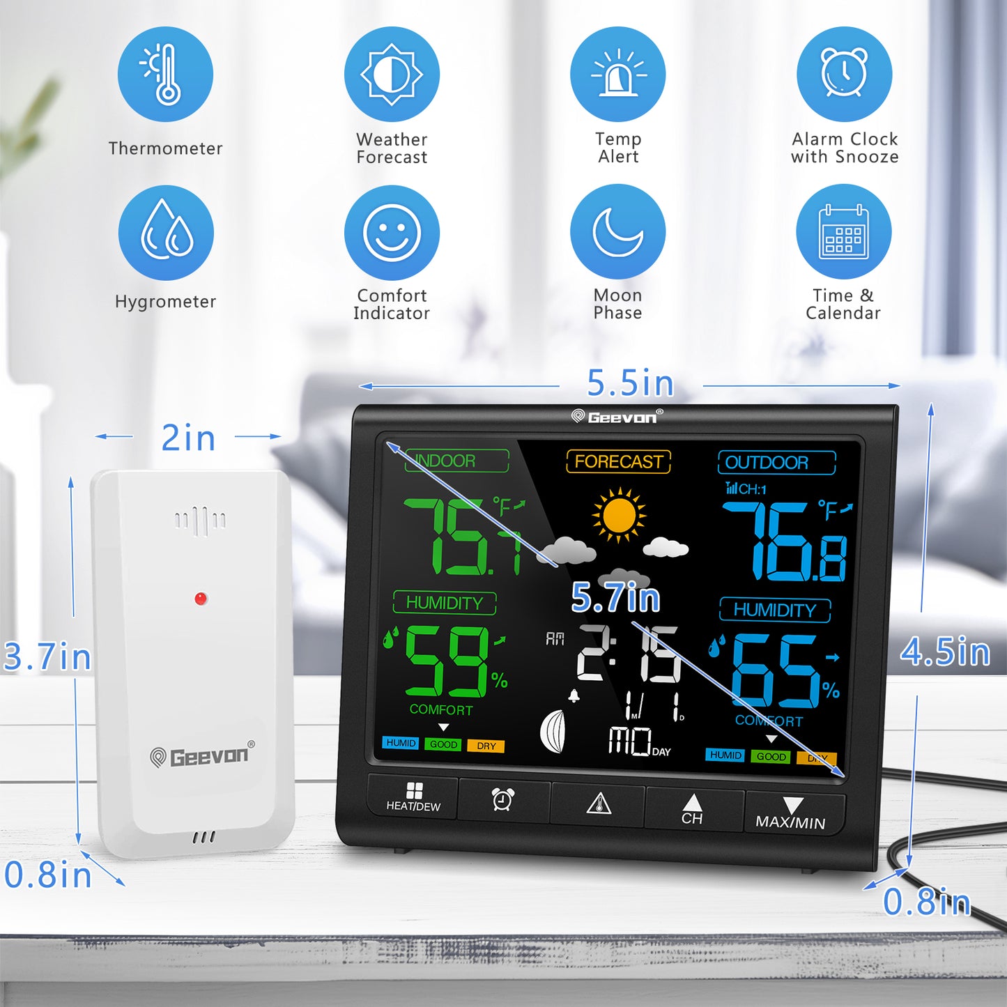Geevon Weather Station Indoor Outdoor Thermometer Wireless, Digital Thermometer Temperature Humidity Monitor with Comfort Indicator, Adjustable Backlight, Alarm Clock and Calendar(350°view angle)