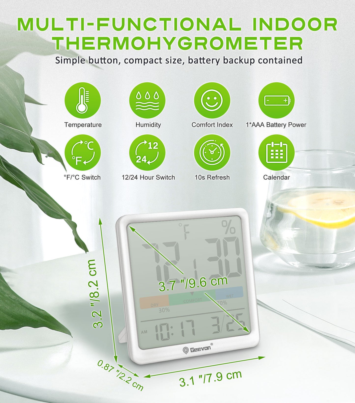Geevon Digital Indoor Thermometer Hygrometer, Wireless Temperature Humidity Meter with Comfort Index, 1*AAA Battery, Calendar, Small Room Temperature Monitor for Home, Greenhouse, Bedroom(White)