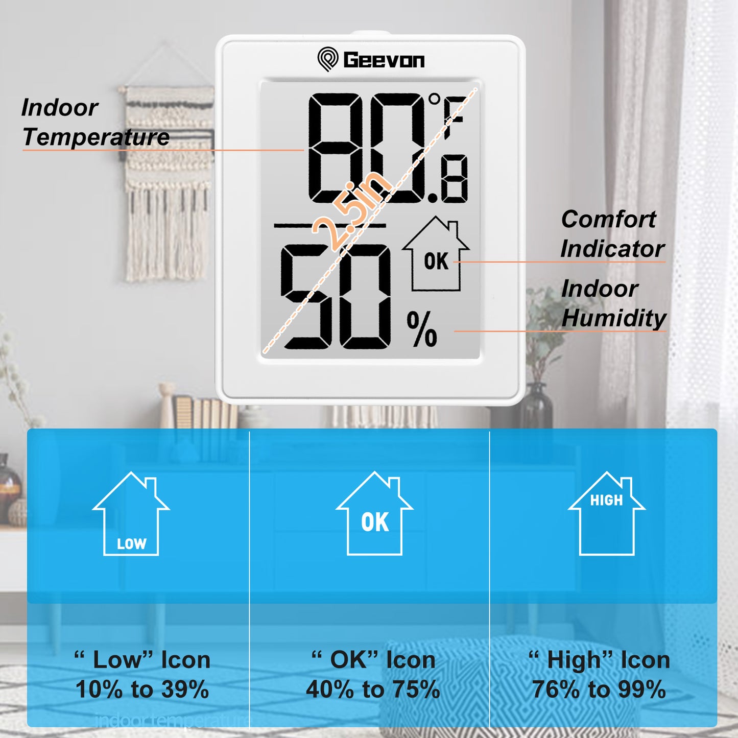 Geevon Digital Hygrometer, 3 Pack Indoor Thermometer Indoor Thermohygrometer with Battery, Digital Temperature Humidity Meter Indicator for Home, Office, Greenhouse, Mini Hygrometer(White)