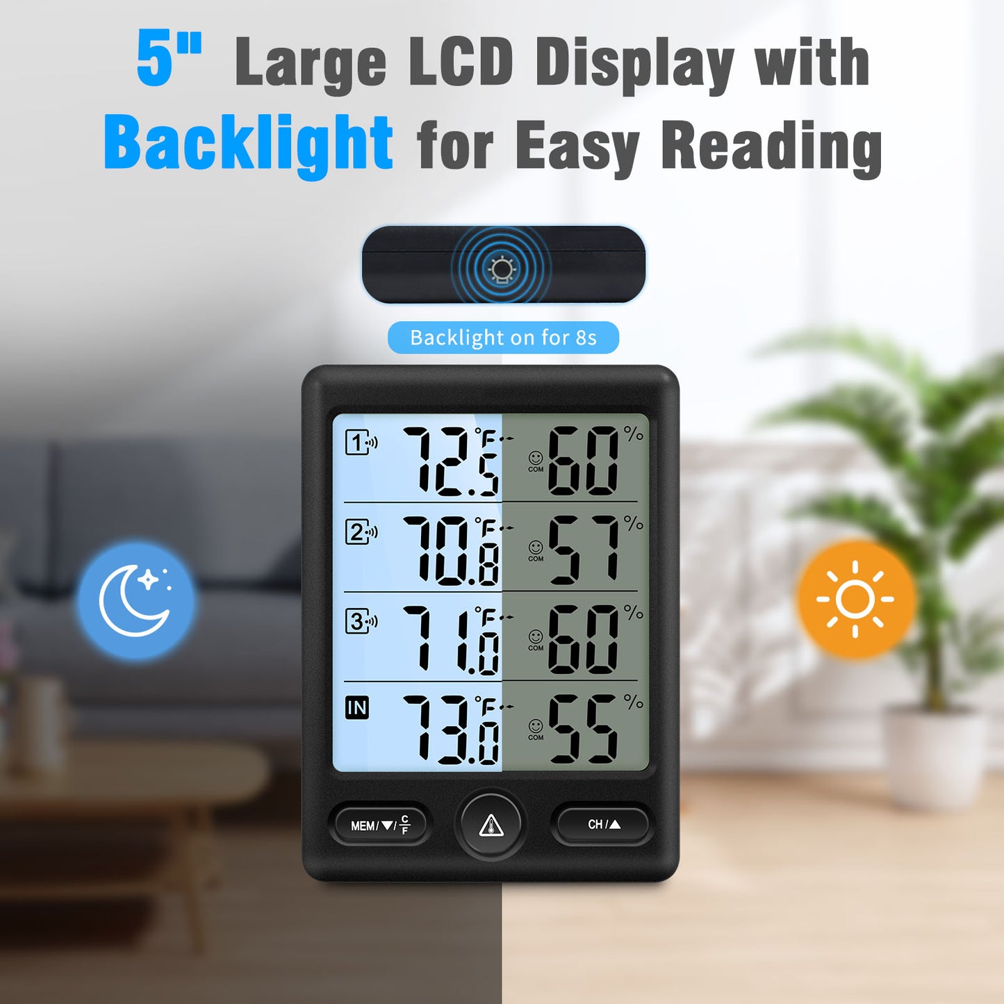 Geevon Indoor Outdoor Thermometer Wireless, 5-Inch Display with 3 Remote Sensors Wireless Thermohygrometer, Digital Temperature Humidity Meter with 200FT/60M Range(Black Backlight)